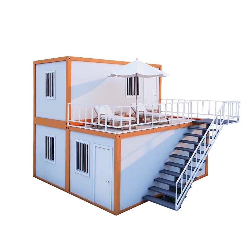 A two-story modular building with orange framing, white walls, a white balcony, and an external staircase leading to the upper deck with a canopy | Mr. Prefab Modern Modular Homes in Sydney